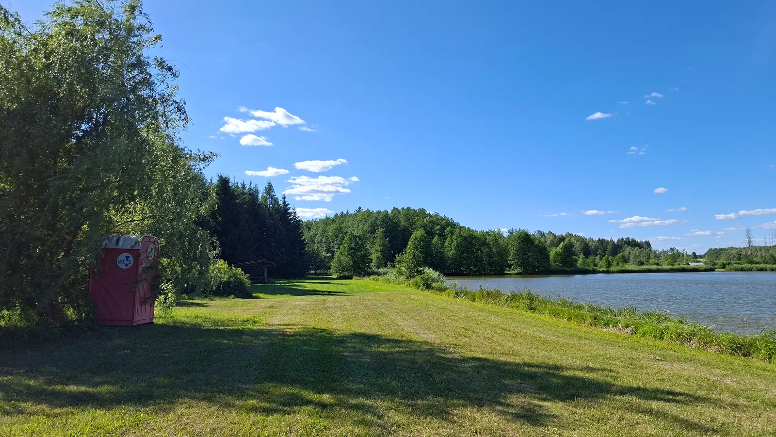 Zdjęcie o orientacji poziomej ukazuje sielski krajobraz wiejski nad jeziorem w słoneczny dzień. Na pierwszym planie po lewej stronie, pod rozłożystym, zielonym drzewem, ustawiona jest czerwona przenośna toaleta typu toi-toi z widocznym logiem „WC S”. Główną część kadru zajmuje rozległa, skoszona trawiasta łąka, która prowadzi w głąb terenu w stronę linii brzegowej zbiornika wodnego. W tle widać gęsty pas lasu mieszanego oraz błękitne niebo z delikatnymi, białymi obłokami, co nadaje kompozycji głębi. Całość utrzymana jest w jasnej, letniej kolorystyce, gdzie naturalna zieleń trawy i drzew kontrastuje z intensywnym błękitem wody oraz nieba.